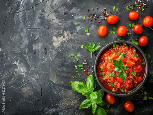 Top view of Israeli jachnun with tomato sauce, using the rule of thirds, with ample copy space, savory and rich, high-quality image photo