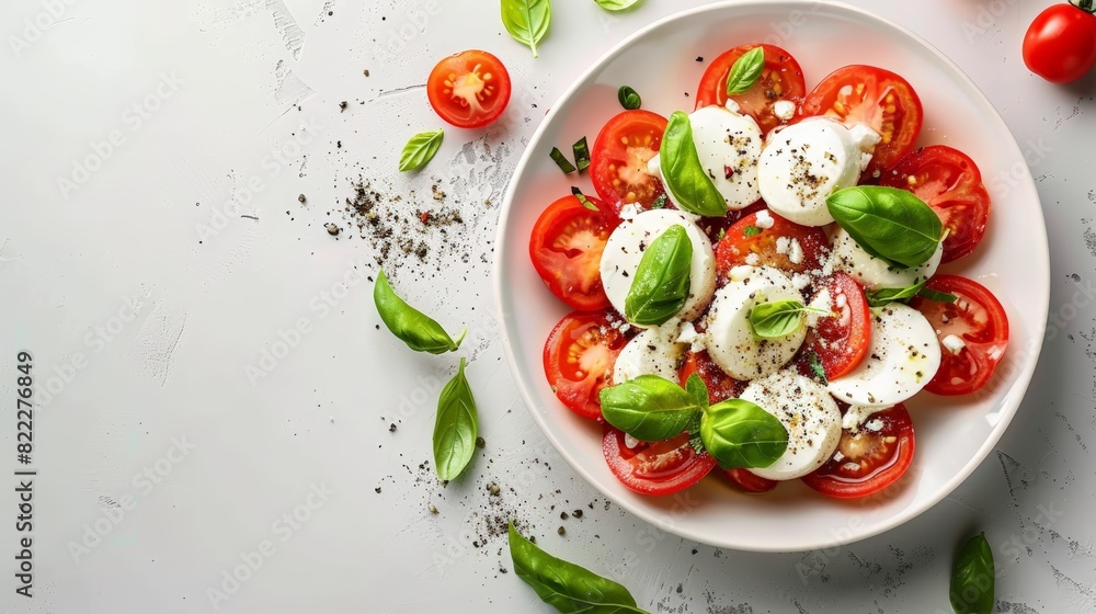 Top view of Italian caprese salad with mozzarella and tomatoes, using the rule of thirds, with ample copy space Top view of Italian caprese salad with mozzarella and tomatoes, using the rule of thirds, with ample copy space