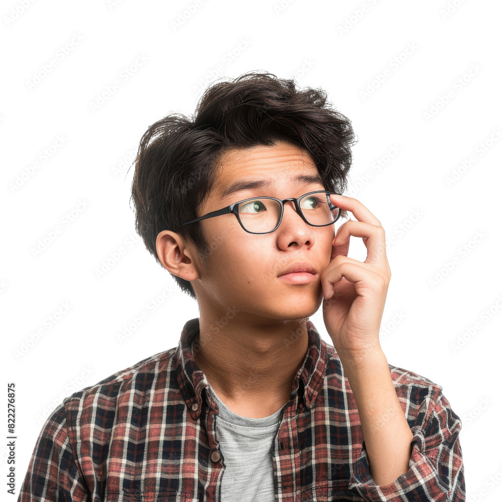 A man with glasses is looking up at the sky, isolated on transparent background A man with glasses is looking up at the sky, isolated on transparent background