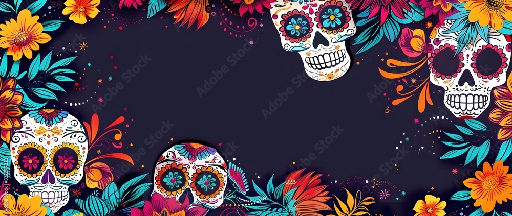 Naklejka premium Vibrant Day of the Dead Doodle Border Design with Blank Center for Message or Copy