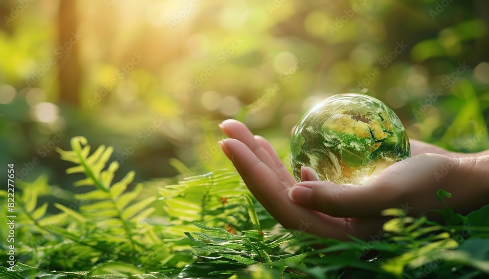 Hands holding a globe glass on a fuzzy, bright green background is a concept for World Environment Day on June 5th, Generative AI. Hands holding a globe glass on a fuzzy, bright green background is a concept for World Environment Day on June 5th, Generative AI.