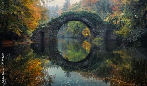 A beautiful photograph of a stone bridge in Germany. The arch is reflected perfectly on calm waters surrounded by trees. It s an autumn day with soft sunlight filtering through leaves.