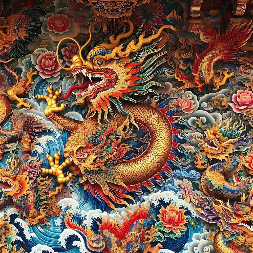 Colorful dragon, mythological creature, sculpture with intricate details on wall in Chinese temple, tradition Asian artwork, illustration image generative ai Colorful dragon, mythological creature, sculpture with intricate details on wall in Chinese temple, tradition Asian artwork, illustration image generative ai