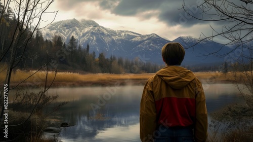 A person in a colorful jacket stands admiring a tranquil mountainous landscape reflected in a still lake under a dramatic sky.