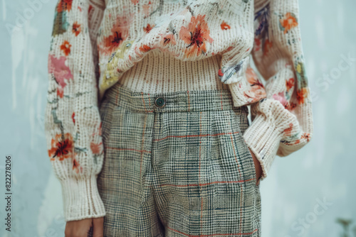 stylish floral sweater paired with a classic plaid skirt, ideal for casual chic autumn looks © Klay