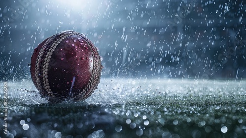 An intense moment captured with a water drop cricket ball in motion, surrounded by rain, as it skids across the pitch under the powerful illumination of stadium floodlights, showcasing the dynamic