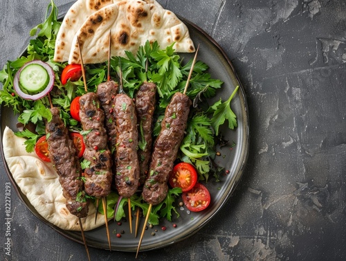 Wallpaper Mural Top view of Lebanese kafta (meat skewers) with salad and pita, using the rule of thirds, with ample copy space Torontodigital.ca