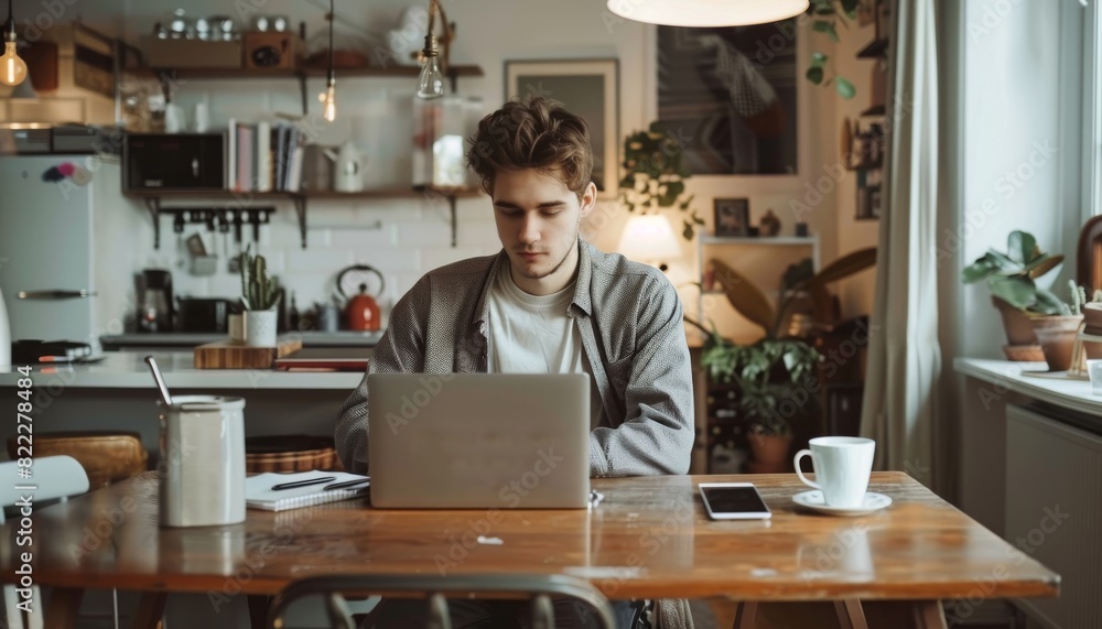 Modern Young Professional Working from Home in Stylish Kitchen Setting with Coffee, Laptop, and Smartphone Modern Young Professional Working from Home in Stylish Kitchen Setting with Coffee, Laptop, and Smartphone