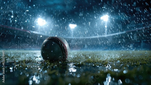 An intense moment captured with a water drop cricket ball in motion, surrounded by rain, as it skids across the pitch under the powerful illumination of stadium floodlights, showcasing the dynamic photo