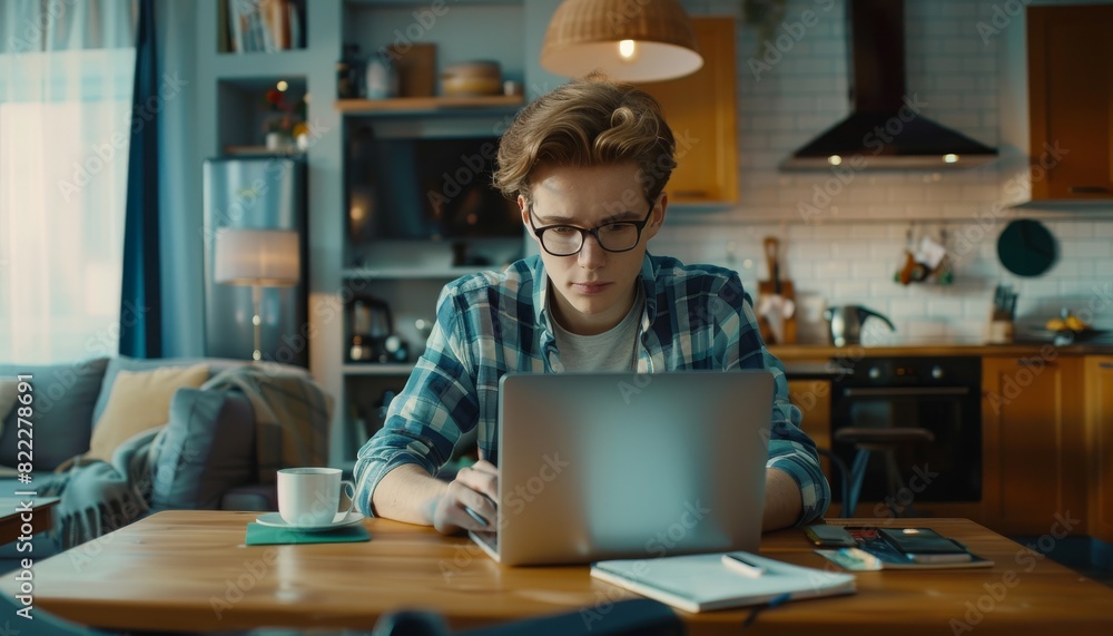 Busy Young Professional Working on Laptop in Stylish Kitchen with Coffee and Smartphone, Cozy Living Room in Background Busy Young Professional Working on Laptop in Stylish Kitchen with Coffee and Smartphone, Cozy Living Room in Background