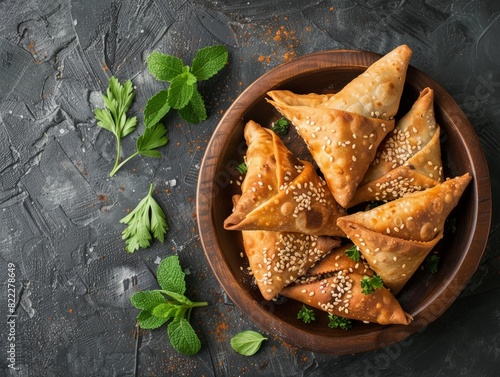 Top view of Lebanese sambousek with meat filling, using the rule of thirds, with ample copy space, crispy and savory, high-quality image photo