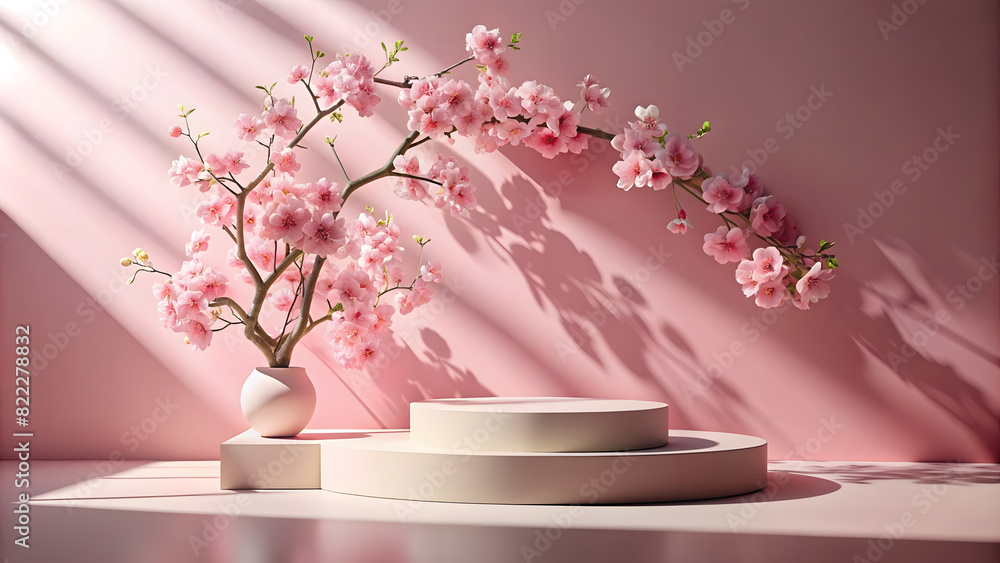 Minimalist 3D Podium with Spring Pink Blossoms and Floral Design, Perfect for: Spring Equinox, Easter, Mother's Day, Wedding Celebrations, Spring Festivals, Summer Solstice, Valentine's Day. Minimalist 3D Podium with Spring Pink Blossoms and Floral Design, Perfect for: Spring Equinox, Easter, Mother's Day, Wedding Celebrations, Spring Festivals, Summer Solstice, Valentine's Day.
