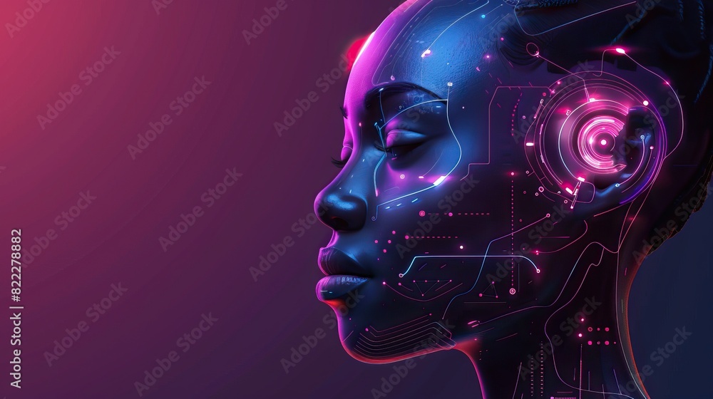 a digital illustration of an african american woman's face with robotic elements, pink and purple lighting a digital illustration of an african american woman's face with robotic elements, pink and purple lighting