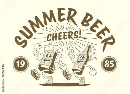 Happy Summer Beer Cartoon Character in Vintage Style