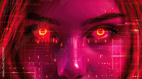 A closeup of the eyes and face of an attractive woman with long hair, with glowing red neon lights on her eyelids.