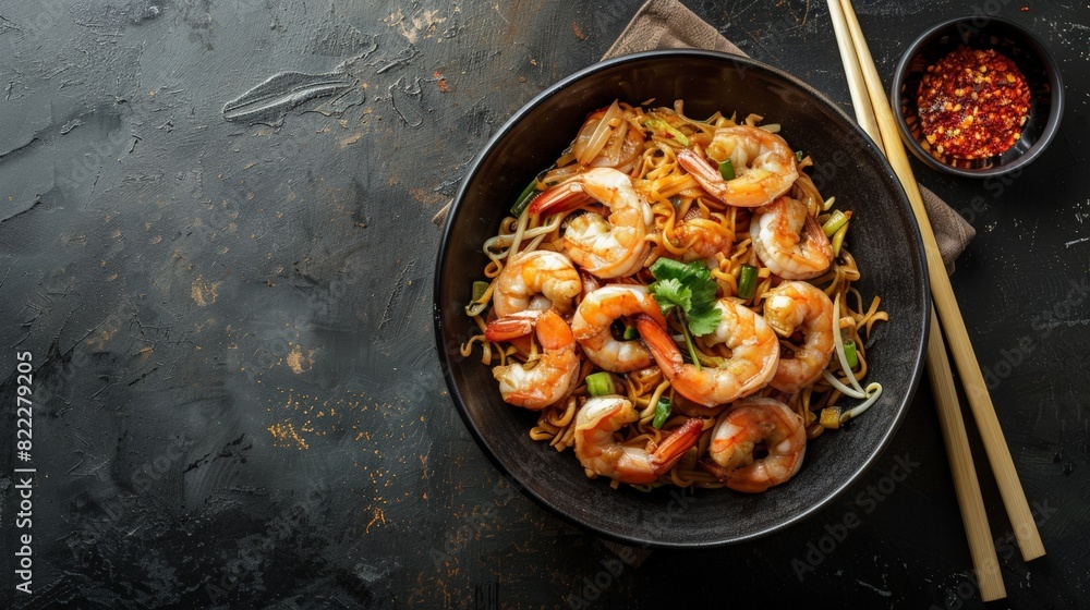 Top view of Malaysian char kway teow with prawns, using the rule of thirds, with ample copy space Top view of Malaysian char kway teow with prawns, using the rule of thirds, with ample copy space