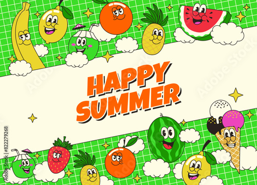 Summer Background Design with Fresh Fruit Character in Retro Style (ID: 822279268)