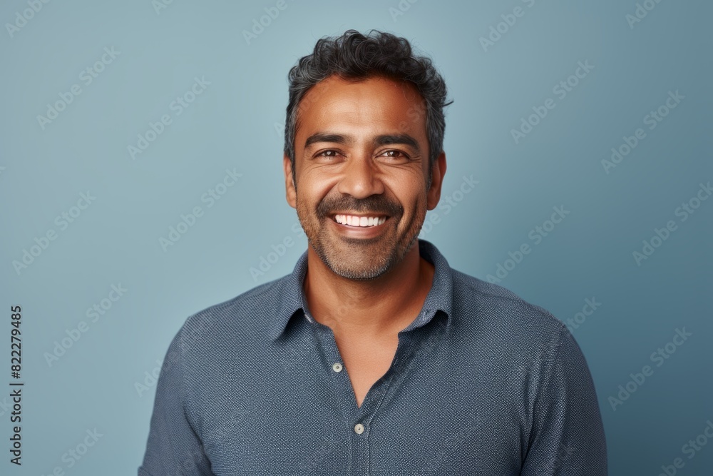 Portrait of a joyful indian man in his 40s smiling at the camera in front of light wood minimalistic setup Portrait of a joyful indian man in his 40s smiling at the camera in front of light wood minimalistic setup