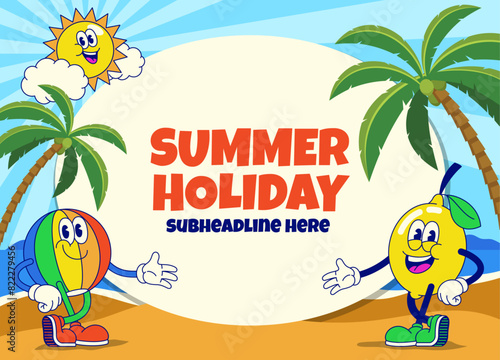 Summer Beach Background Greeting Design with Retro Cartoon Character (ID: 822279456)