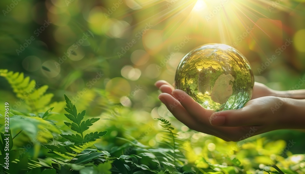 Hands holding a globe glass on a fuzzy, bright green background is a concept for World Environment Day on June 5th, Generative AI. Hands holding a globe glass on a fuzzy, bright green background is a concept for World Environment Day on June 5th, Generative AI.