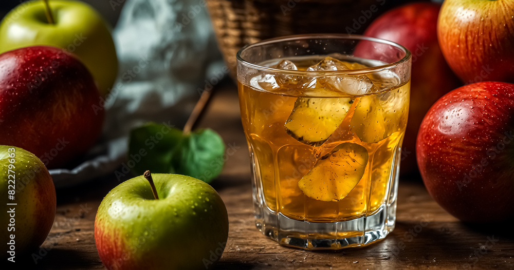 Freshly picked apples from the branch and a glass of freshly squeezed apple juice. Freshly picked apples from the branch and a glass of freshly squeezed apple juice.