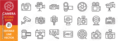 A set of line icons with camera. Vector outline icons with photo, video, digital, webcam, security and vintage cameras.