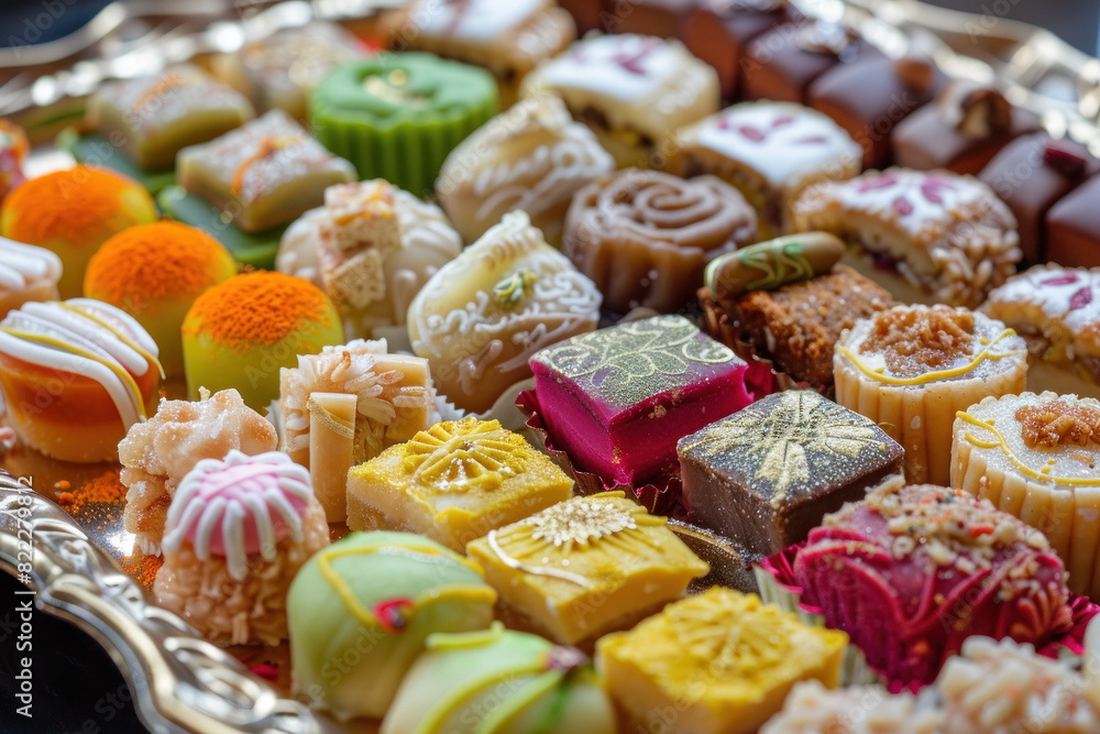 Colorful Array of Eid Sweets., Eid feast, Islamic celebration, Family feast. Colorful Array of Eid Sweets., Eid feast, Islamic celebration, Family feast.