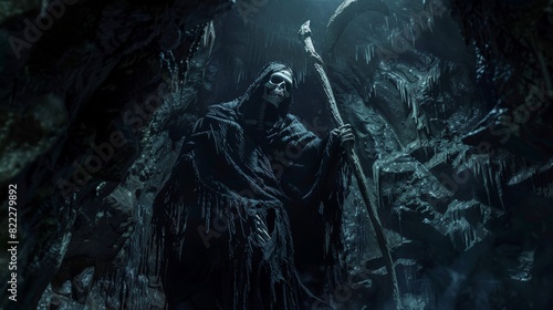 Grim Reaper in Dark, Spooky Forest Cave 