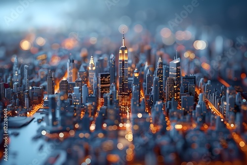 3D illustration design of panorama aerial view of mega city in metal material texture, city center of Manhattan river bank,  tilt-shift lens effets photo