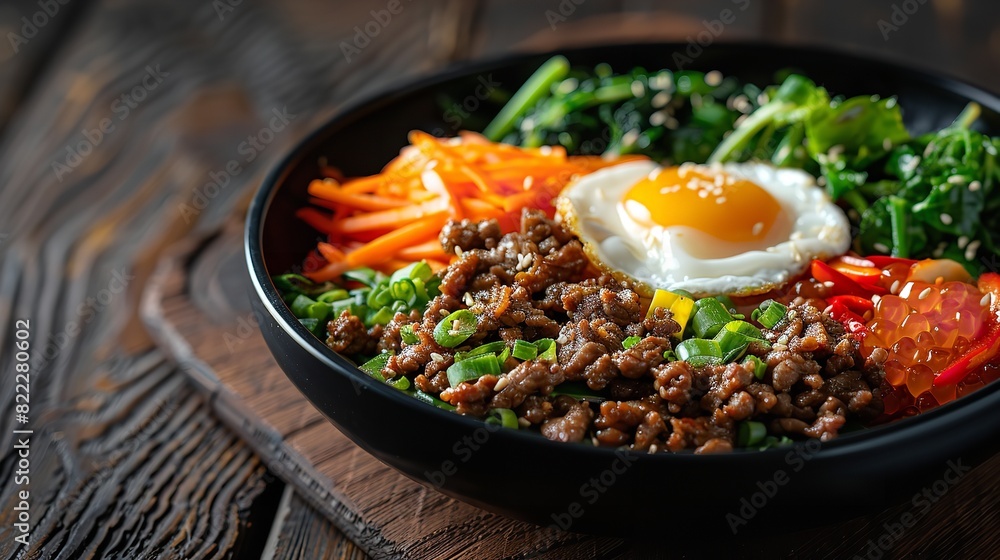 Bibimbap, a well-known traditional Korean cuisine that consists of a bowl of rice topped with a variety of vegetables, fried egg yolk presented with a side dish and copy space, Generative AI. Bibimbap, a well-known traditional Korean cuisine that consists of a bowl of rice topped with a variety of vegetables, fried egg yolk presented with a side dish and copy space, Generative AI.