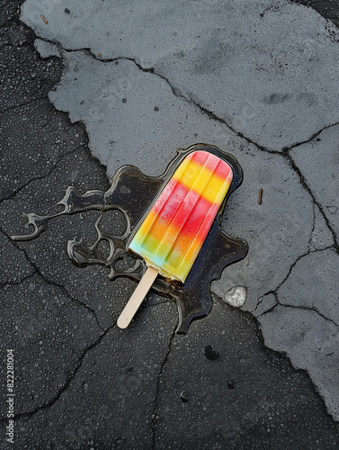 Melancholy Melt: A Vibrant Popsicle's End on Concrete photo