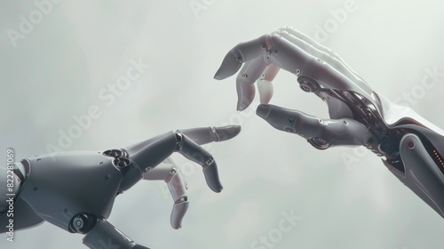 White Cyborg and Human Hand Connecting to Artificial Intelligence in a Smart City Future photo