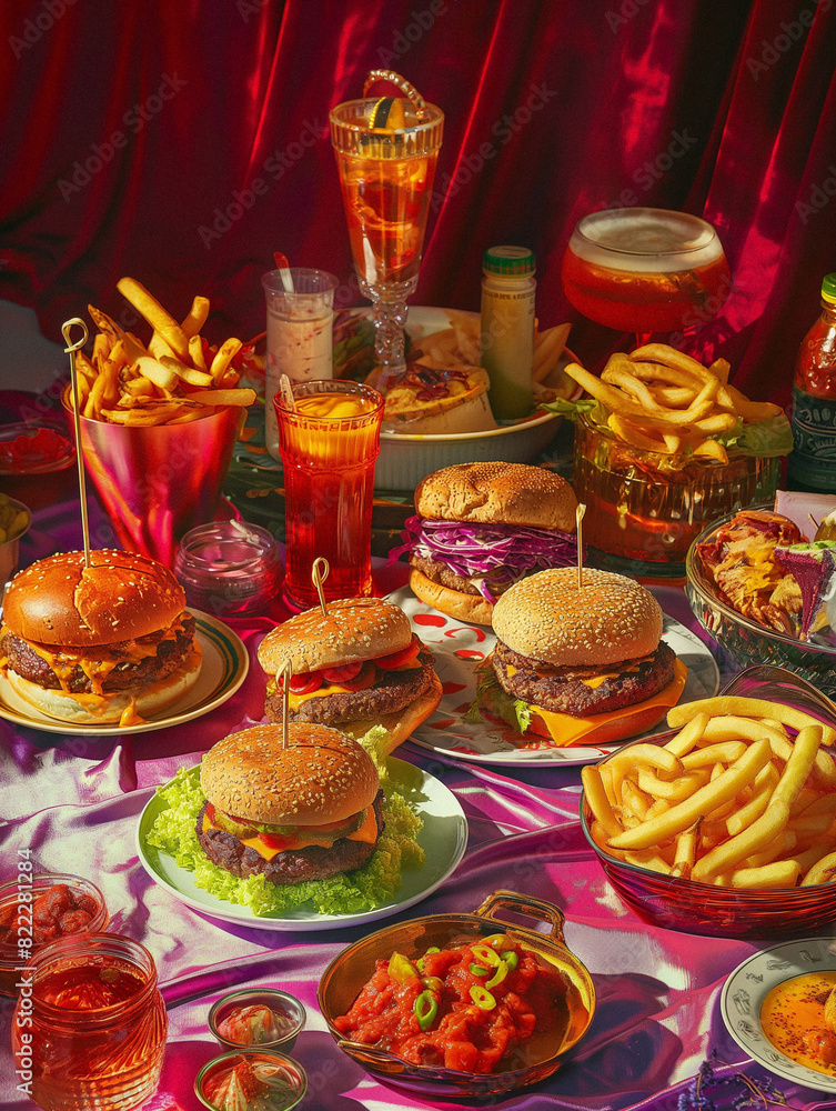 Indulgent Fast Food Feast: A Colorful Spread of Burgers and Fries Indulgent Fast Food Feast: A Colorful Spread of Burgers and Fries