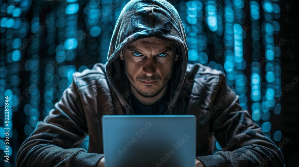 A hacker in a black hoodie is sitting in front of a laptop. He is looking at the screen with a serious expression. The background is a blur of blue and black code. A hacker in a black hoodie is sitting in front of a laptop. He is looking at the screen with a serious expression. The background is a blur of blue and black code.