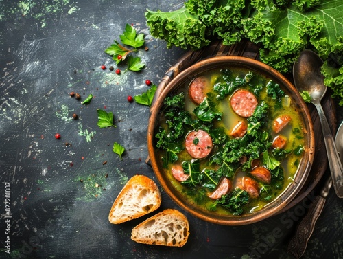 Top view of Portuguese caldo verde with kale and sausage, using the rule of thirds, with ample copy space