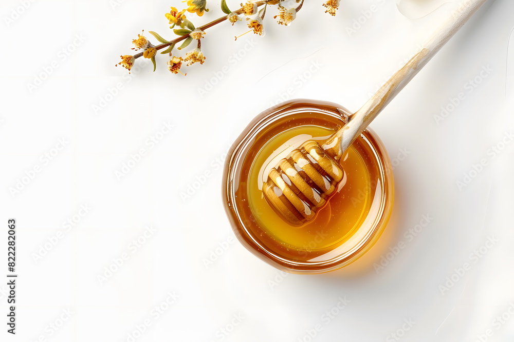 Wooden dipper stick with honey top view isolated on white background Wooden dipper stick with honey top view isolated on white background