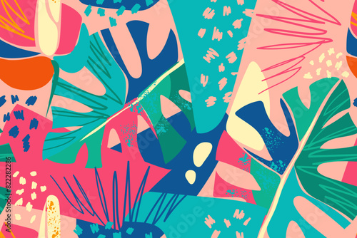Abstract tropical seamless pattern with Monstera leaves, anthurium flowers and abstract elements. Modern exotic colorful pattern. Fashionable template for design. Vector illustration.