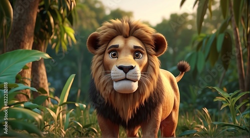 Lion looking surprised from side at jungle sunset big eyes and thick fur cartoon