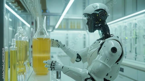 A robot blending white and yellow colors is conducting experiments in a high-tech laboratory.