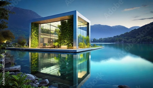 A sleek urban building with a vertical garden  against a backdrop of a tranquil lake and distant mountains