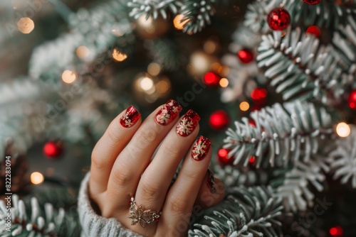 A Woman's Hand With Snowflakes Painted On Her Long Nails Winter-Themed Nail Art Nail Salon Christmas Concept