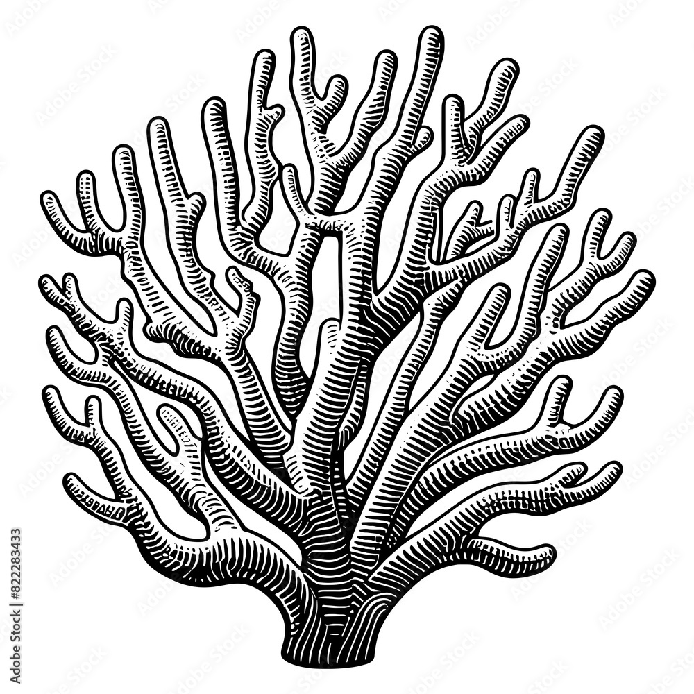 Obraz premium coral branch, showcasing the natural complexity and elegance of marine life sketch engraving generative ai PNG illustration. Scratch board imitation. Black and white image.