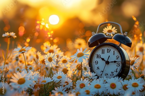 The landscape represents time in nature with copied space, illuminated by a hazy golden morning and a traditional black alarm clock surrounded by flowers, Generative AI. photo