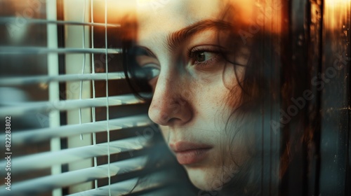 A young woman gazes pensively through window blinds, her face softly illuminated by the warm light outside. The image captures a moment of introspection and melancholy.