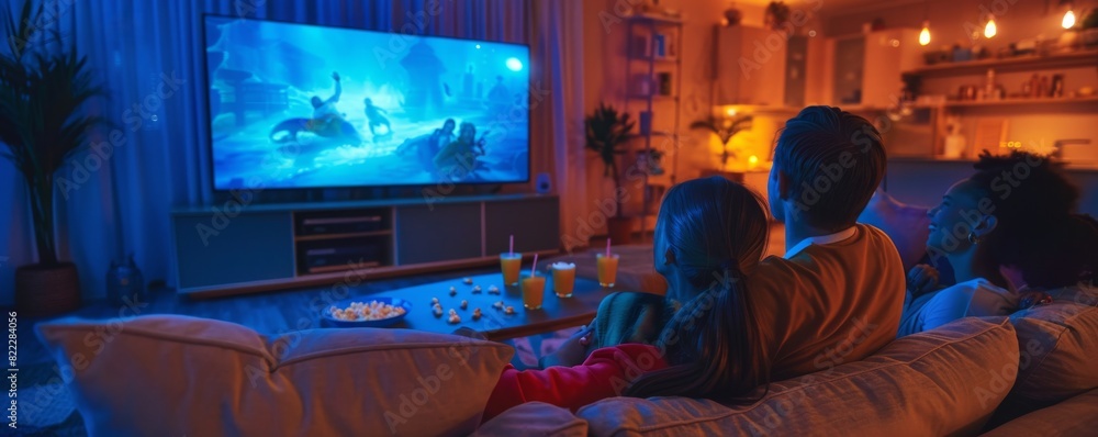 Cozy Family Movie Night: Parents and Kids Watching Film on Big Screen with Popcorn and Drinks in Dimly Lit Living Room Setting Cozy Family Movie Night: Parents and Kids Watching Film on Big Screen with Popcorn and Drinks in Dimly Lit Living Room Setting
