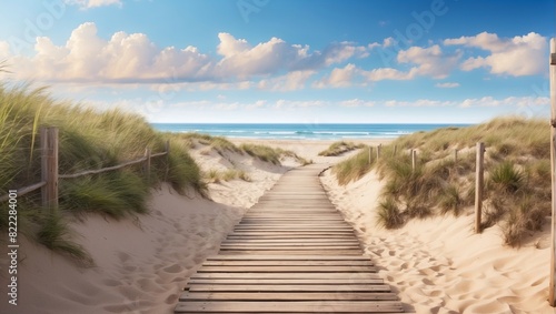 There is a beach with a wooden walkway. The ocean is to the left and there are sand dunes to the right. The sky is blue and there are white clouds.