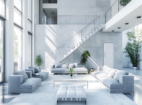 White and blue modern home interior with a glass coffee table and grey sofa chairs in a luxury living room of a contemporary house with white walls and a high ceiling