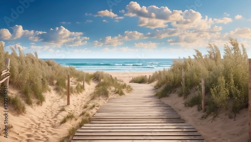 There is a beach with a wooden walkway. The ocean is to the left and there are sand dunes to the right. The sky is blue and there are white clouds.

 photo