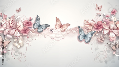 Fototapeta Naklejka Na Ścianę i Meble -  Delicate illustration of pastel-colored butterflies and flowers intertwined with graceful swirls on a soft, light background.