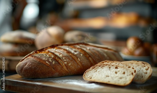 Fresh bread with slices in a bakery